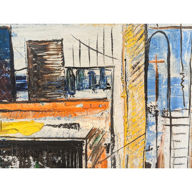 Richard Dempsey Early Modern Orange, Blue, and Yellow Toned Abstract City Landscape Painting, Mid 20th Century For Sale - Image 11 of 12