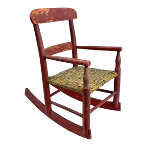 Late 19th Century Vintage Farmhouse Red Child’s Wood Rocking Chair With Yellow Woven Seat