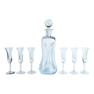 1960s Holmegaard Denmark Kluk Kluk Decanter and Cordial Glasses, Set of 7 Pieces