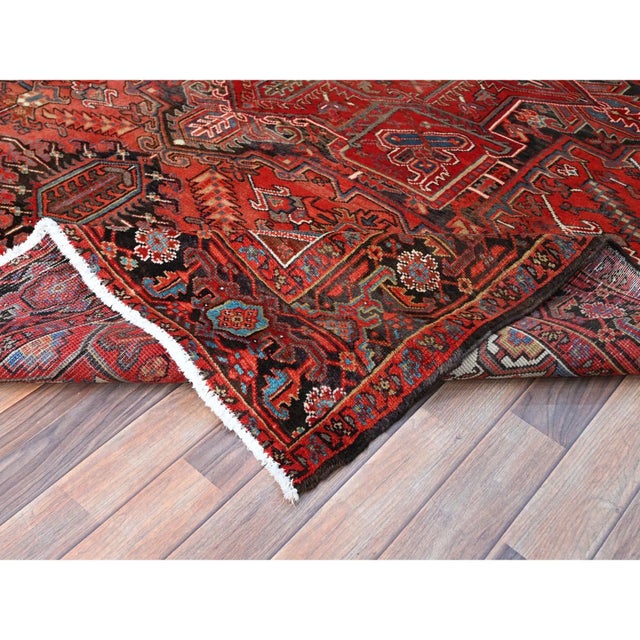 1960 7'10"x10'7" Red Centre Geometric Element Pure Wool Vintage Worn Down Clean Rug For Sale - Image 10 of 12