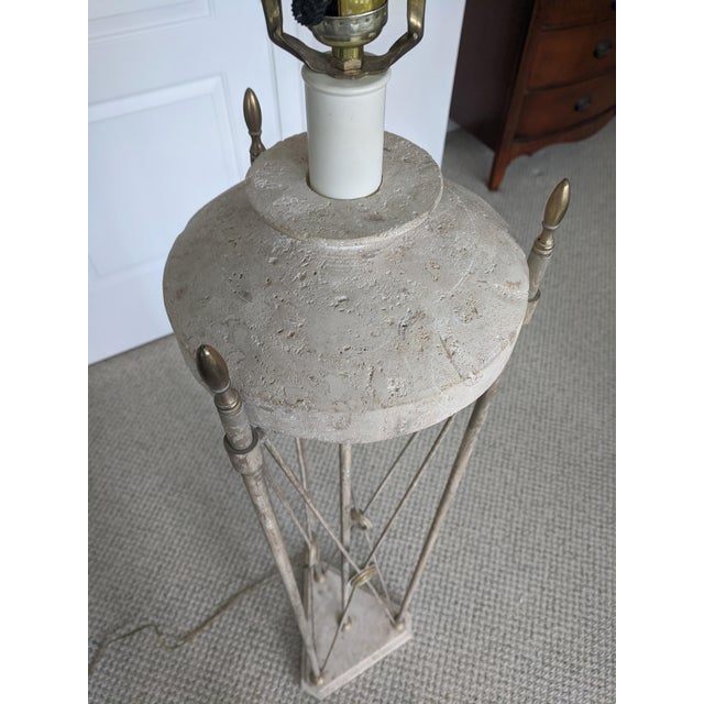 Metal Vintage Maitland Smith Neoclassical Travertine Stone Floor Lamp With Lamp Shade For Sale - Image 7 of 11