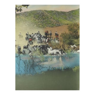 Early 20th Century Colortone Photograph Cowboys Herding Horses For Sale