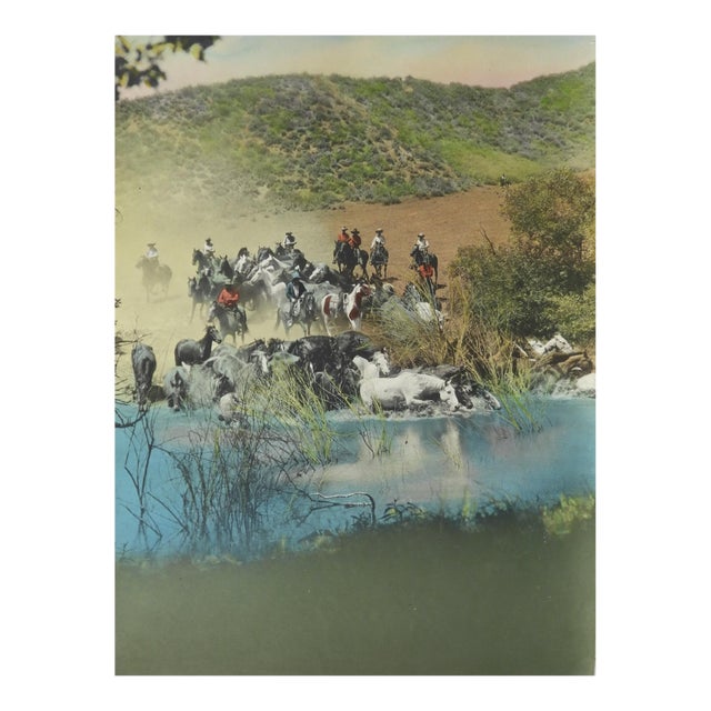 Early 20th Century Colortone Photograph Cowboys Herding Horses For Sale