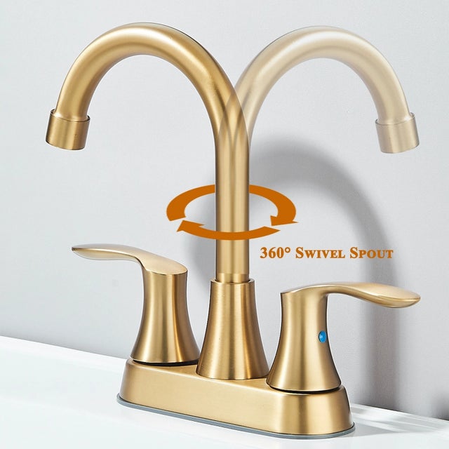 Brushed Gold Bathroom Sink Faucet 3 Holes 4in Centerset Vanity Mixer With Drain For Sale - Image 10 of 11