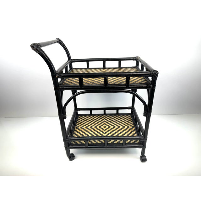 1960s Vintage Mid-Century Modern Black Woven Rattan Bar Cart For Sale - Image 10 of 12