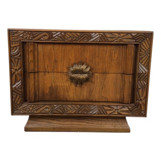 Mid Century Modern Two Drawer Nightstand With Unique Brass Hardware For Sale