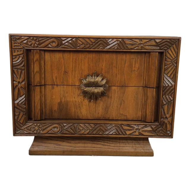 Mid Century Modern Two Drawer Nightstand With Unique Brass Hardware For Sale