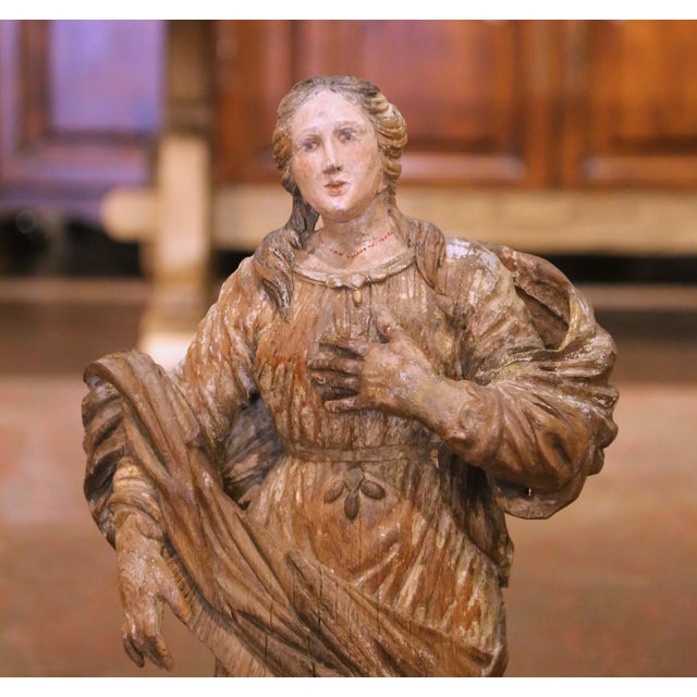 17th Century French Louis XIV Carved Polychrome Devotional Female Saint Figure For Sale - Image 4 of 9