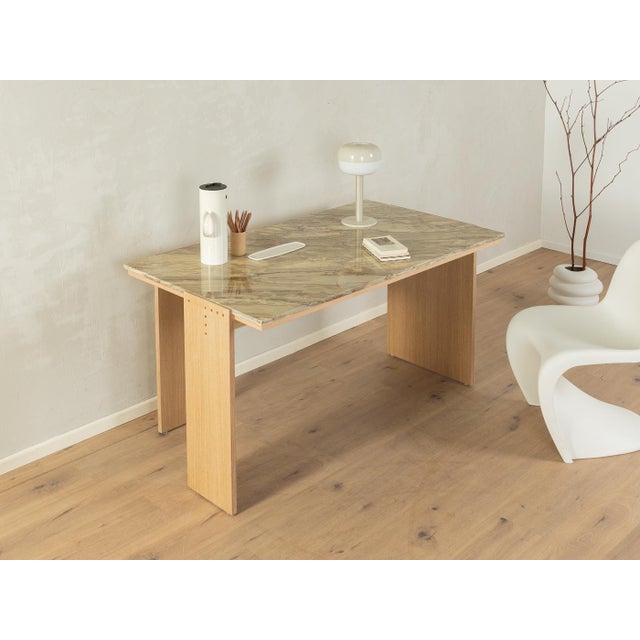 Unique desk with a 1960s marble tabletop in cream, beige, and brown tones and a new, high-quality frame made of plywood...