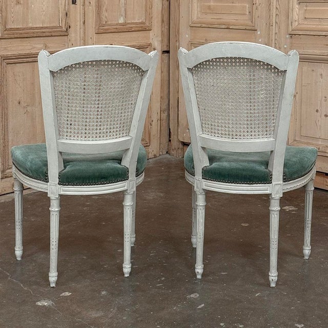 Set of Six Neoclassical Painted Swedish Chairs With Caned Backs & Mohair Seats For Sale - Image 10 of 15