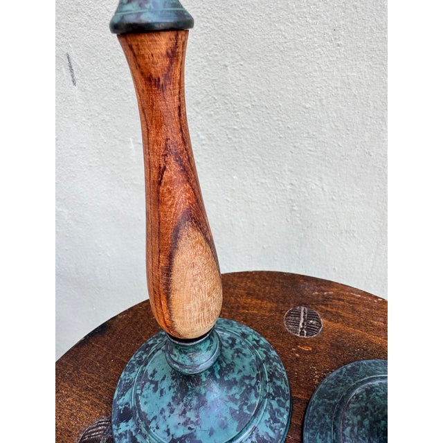 Vintage Scandinavian Wood & Verdigris Patina Candlesticks, a Pair — Rustic Modern For Sale - Image 4 of 9