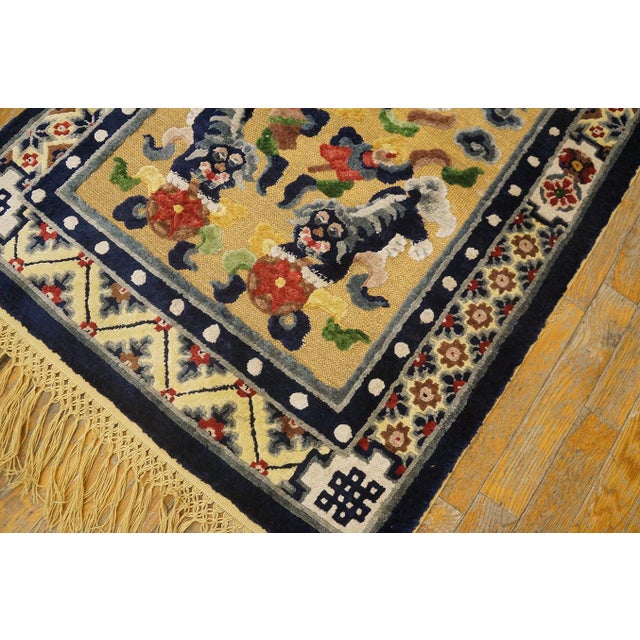 Textile 1920s Yellow Foo Dog Antique Chinese Silk & Metallic Thread Rug 2'7" X 4'2" Pile - Knotted Carpet For Sale - Image 7 of 8