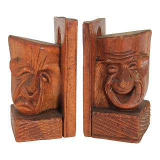 Vintage Comedy & Tragedy Wood Bookends For Sale