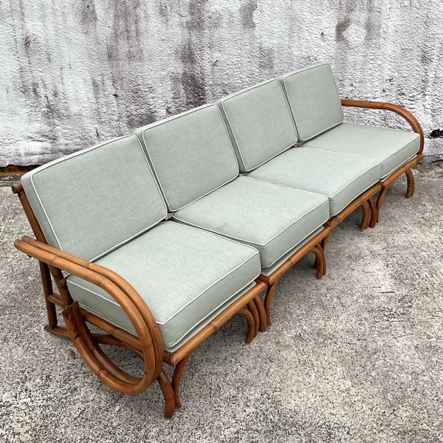 Celadon Vintage Coastal Bent Rattan Sofa For Sale - Image 8 of 9