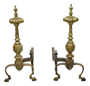 Antique French Empire Style Bronze Brass Spiral Column Andirons- A Pair