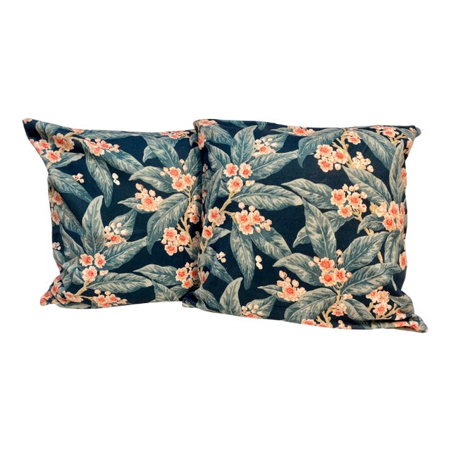 Pair of 20” Square Pillows With a Green & Pink Velour Floral Pattern -Made in U K For Sale