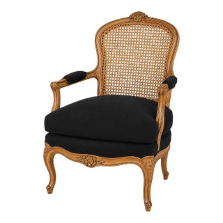 Mid 20th Century French Louis XV Caned Bergère Armchair — Original Finish With Black Removable Cushion Cover For Sale