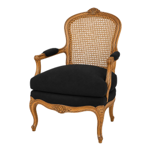 Mid 20th Century French Louis XV Caned Bergère Armchair — Original Finish With Black Removable Cushion Cover