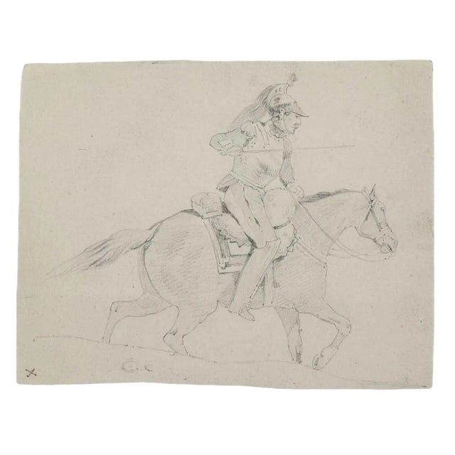 Soldier on Horseback Pencil Drawing, 19th Century For Sale