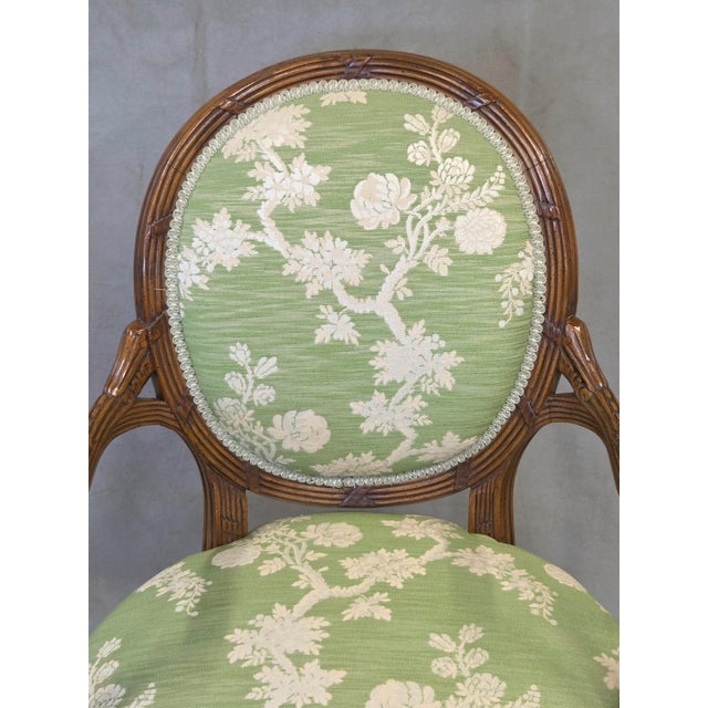 French Vintage French Louis XVI Style Armchairs With Green and Cream Upholstery - A Pair For Sale - Image 3 of 12