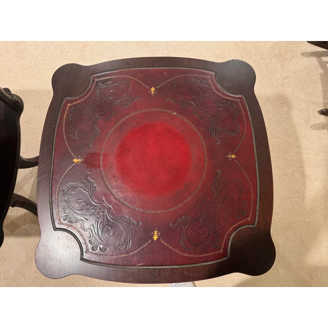 Mid-Century Modern Vintage Pair of Adam Always (1930's) Red Leather Top Mahogany Tables For Sale - Image 3 of 4