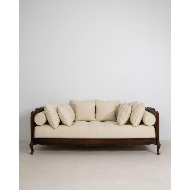 Cream Louis XV Upholstered Daybed with Rattan Side Panels and Cushions, Rococo Style, France, Early 20th Century For Sale - Image 8 of 16