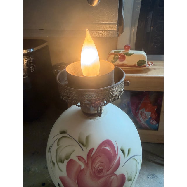 Metal Vintage "Gone With the Wind” Hurricane Parlor Lamp Double Globe Pink Roses For Sale - Image 7 of 11
