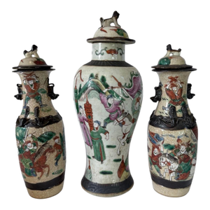 Late 19th Century Set of 3 Chinese Warrior Garniture Urns With Lids