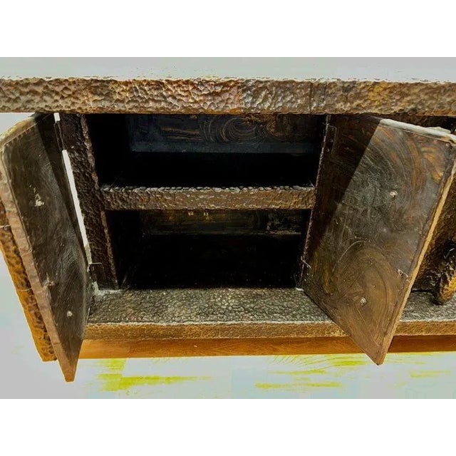 Wood Late 20th Century Brutalist Hand Hammered Metal Clad Credenza For Sale - Image 7 of 13
