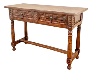Spanish Walnut Console Table With Geometric Carved Drawers