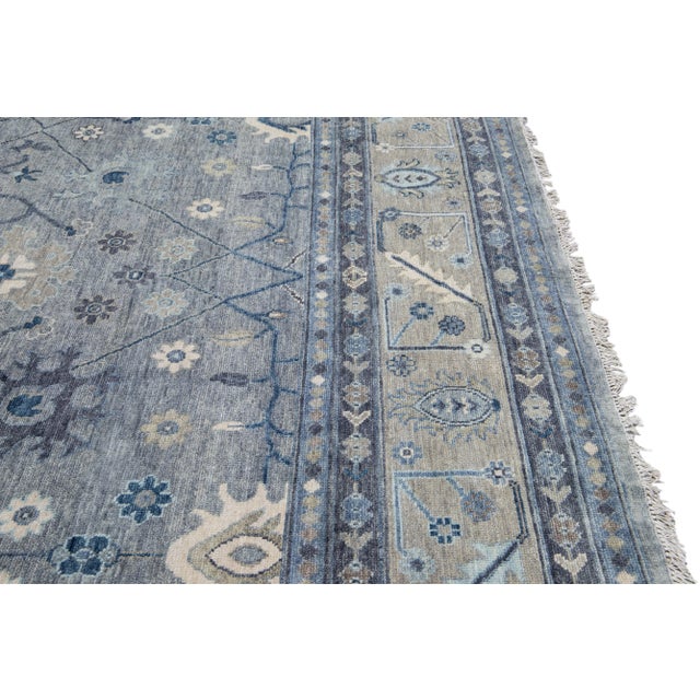 Beige Modern Oushak Style Handmade Floral Motif Gray and Beige Square Wool Rug For Sale - Image 8 of 9