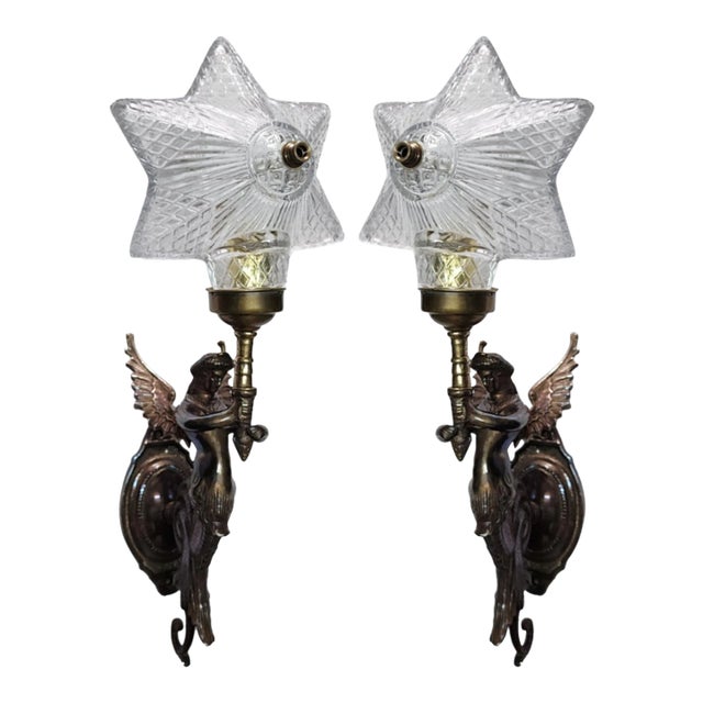 Pair Vintage Art Nouveau Deco Mermaid Wall Sconces in Brass & Star Glass Light For Sale