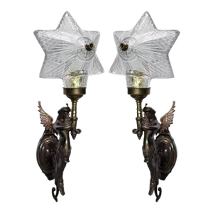Pair Vintage Art Nouveau Deco Mermaid Wall Sconces in Brass & Star Glass Light
