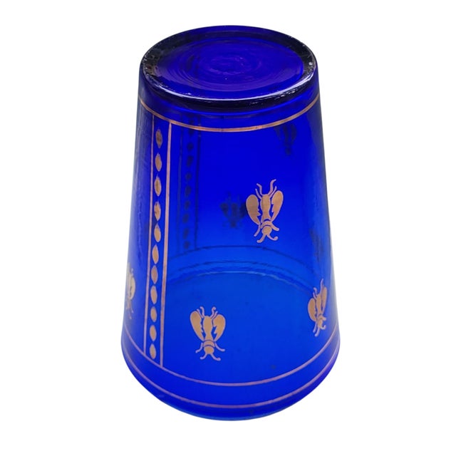 Vintage Boho Mid Century Hand Blown Cobalt Blue Glass Vase With Gold Honey Bee Accents For Sale - Image 9 of 18