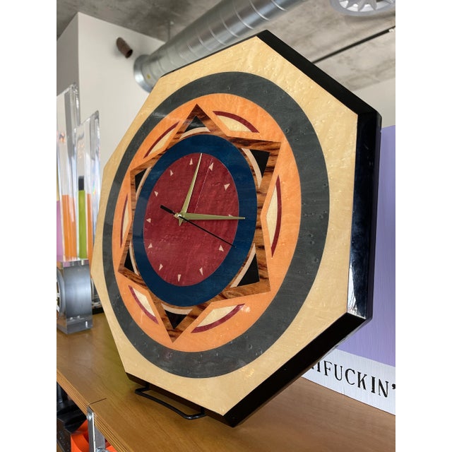 1980s 80s Valentino Italian Postmodern Inlaid Wood Marquetry Wall Clock Memphis Design Era For Sale - Image 5 of 12