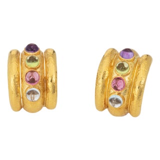 Elizabeth Locke Gemstone Earrings Amalfi Tutti Frutti Wide Hoop Estate 18k Gold - Set of 2 For Sale