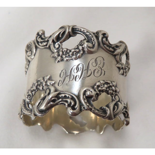 Metal Fine Antique American Sterling Silver Rococo & Flowers Design Napkin Ring by R Blackinton & Co. For Sale - Image 7 of 13