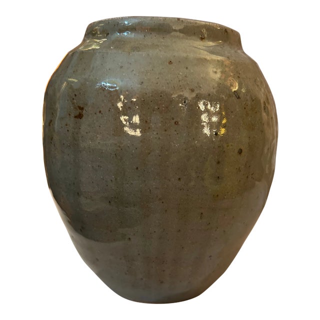 1980s Vintage Rustic Weathered Look Green Glazed Pottery Vase For Sale