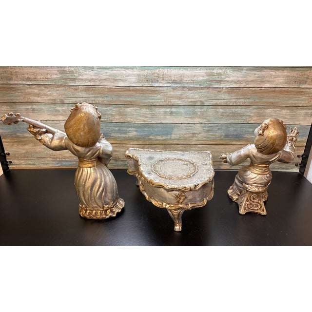 Gold Large 1950s Florentine Borghese-Style Gilt Chalkware Musical Cherubs With Grand Piano – 3-Piece Set For Sale - Image 8 of 9