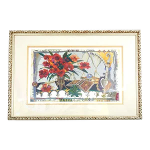 Mid 20th Century Still Life with Flowers, Books and a Mandolin Lithograph Numbered 136/375, Framed