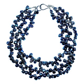 Ajd Elegant Peacock Keshi Pearl Three Strand Necklace For Sale