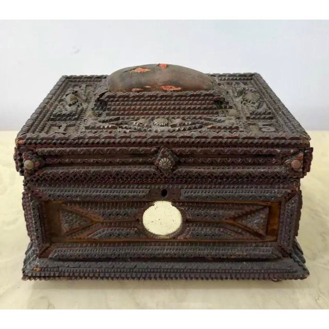 Vintage Folk Art Tramp Art Box With Mirror Detail For Sale In West Palm - Image 6 of 8