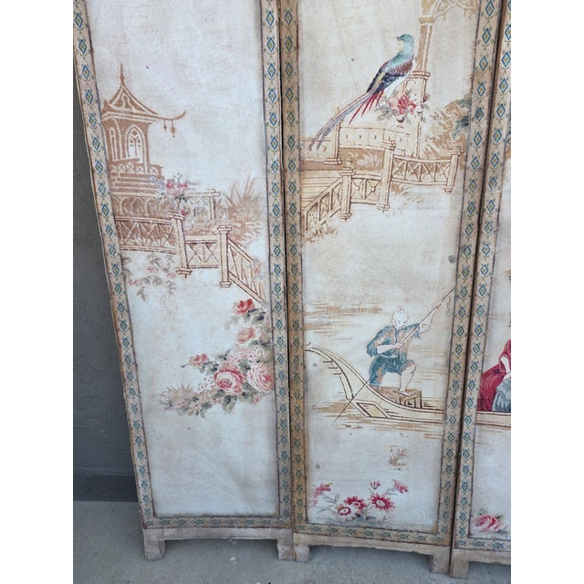 Vintage Four Panel French Chinoiserie Fabric Screen For Sale - Image 12 of 15