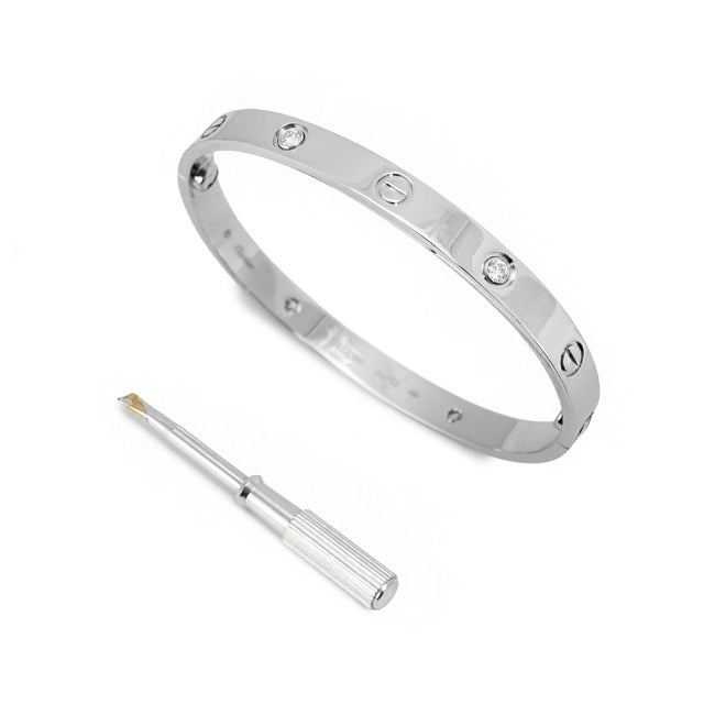 Early 21st Century Cartier Love Classic Model 4 Diamonds 18k White Gold Iconic Bangle Bracelet For Sale - Image 5 of 10