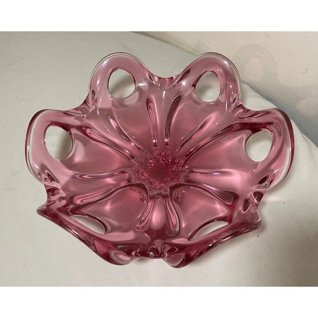 Vintage Hand Blown Pink Red Glass Italian Centerpiece Footed Bowl Murano For Sale - Image 9 of 12