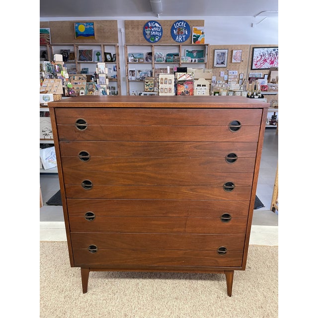 1960s Likely 1960s Mid-Century Modern Possibly Walnut Highboy Dresser With Recessed Brass Toned Pulls and Tapered Legs For Sale - Image 5 of 9