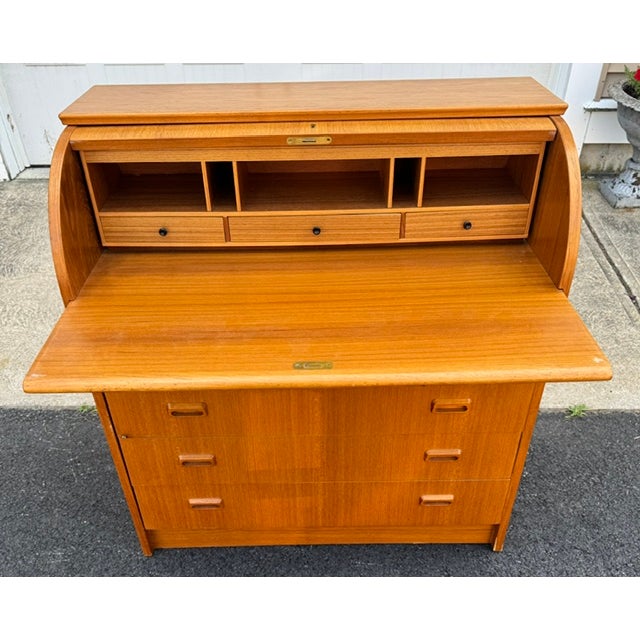 Mid-Century Modern Mid Century Modern Teak Roll Top Cylinder Desk For Sale - Image 3 of 9