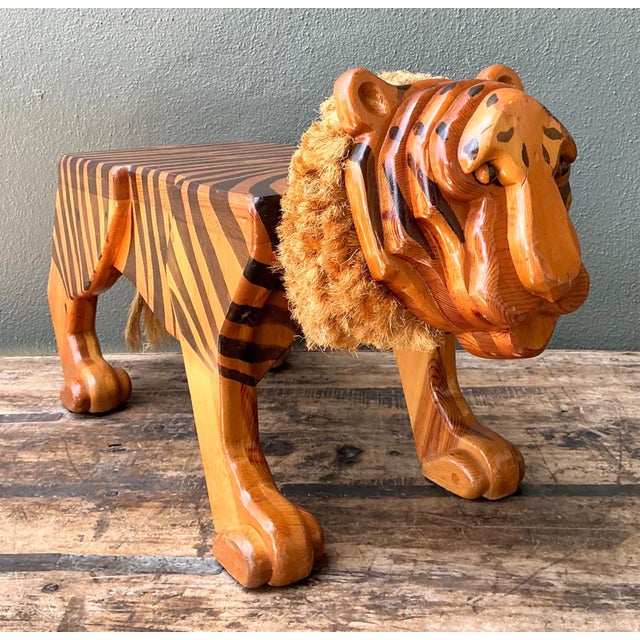 1970s Vintage Handcrafted Wood and Jute Tiger Stool For Sale - Image 5 of 16