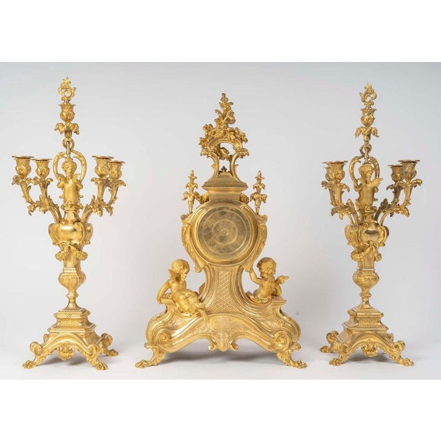 Louis XV Style Napoleon III Gilded Bronze Mantel Set, Set of 3 For Sale - Image 8 of 9