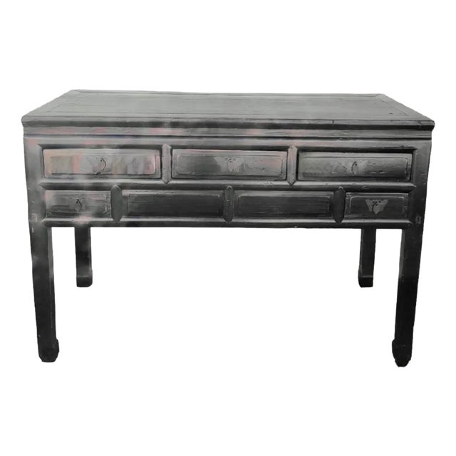 Vintage Black Rustic 5 Drawer Butterfly Hardware Ming Style Leg Console Table For Sale
